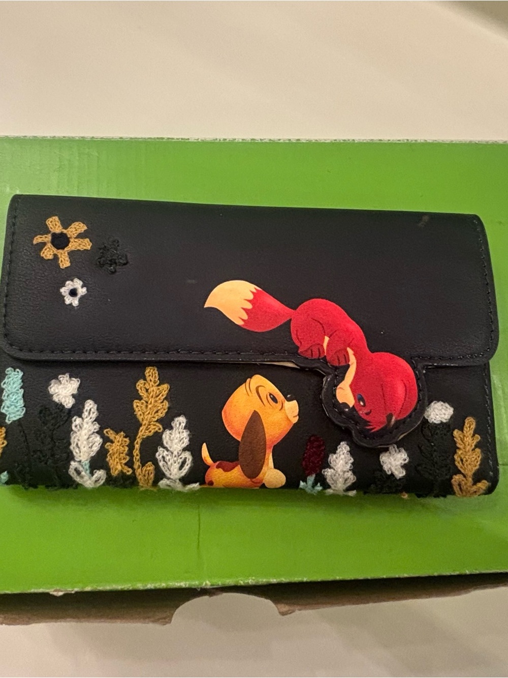Loungefly Black Wallet with Red Fox & Yellow Puppy Motif